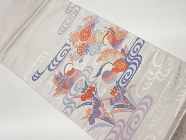 流水に鴛鴦・菊・菖蒲模様織出し袋帯